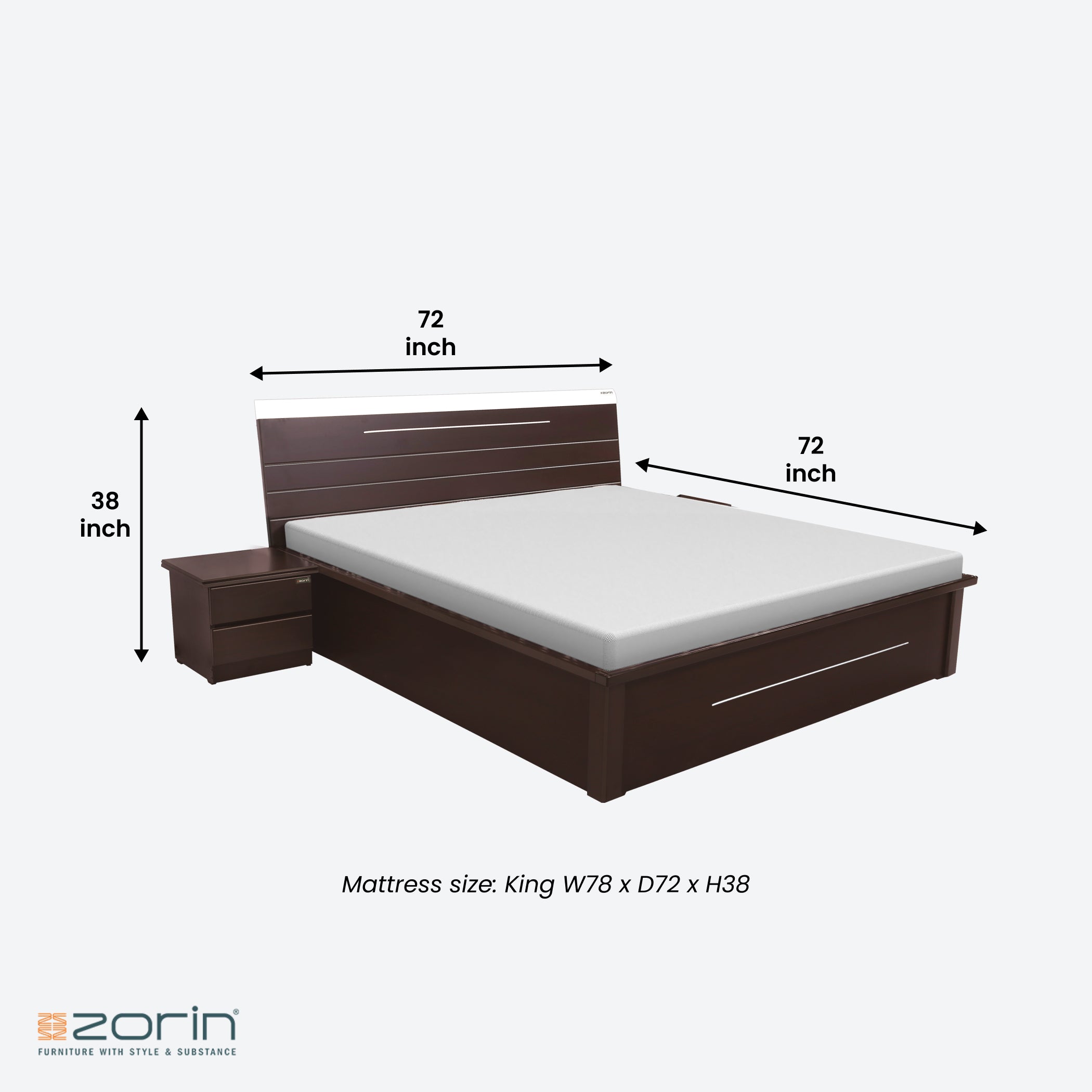 Size of Astrid King bed in Walnut Finish Zorin