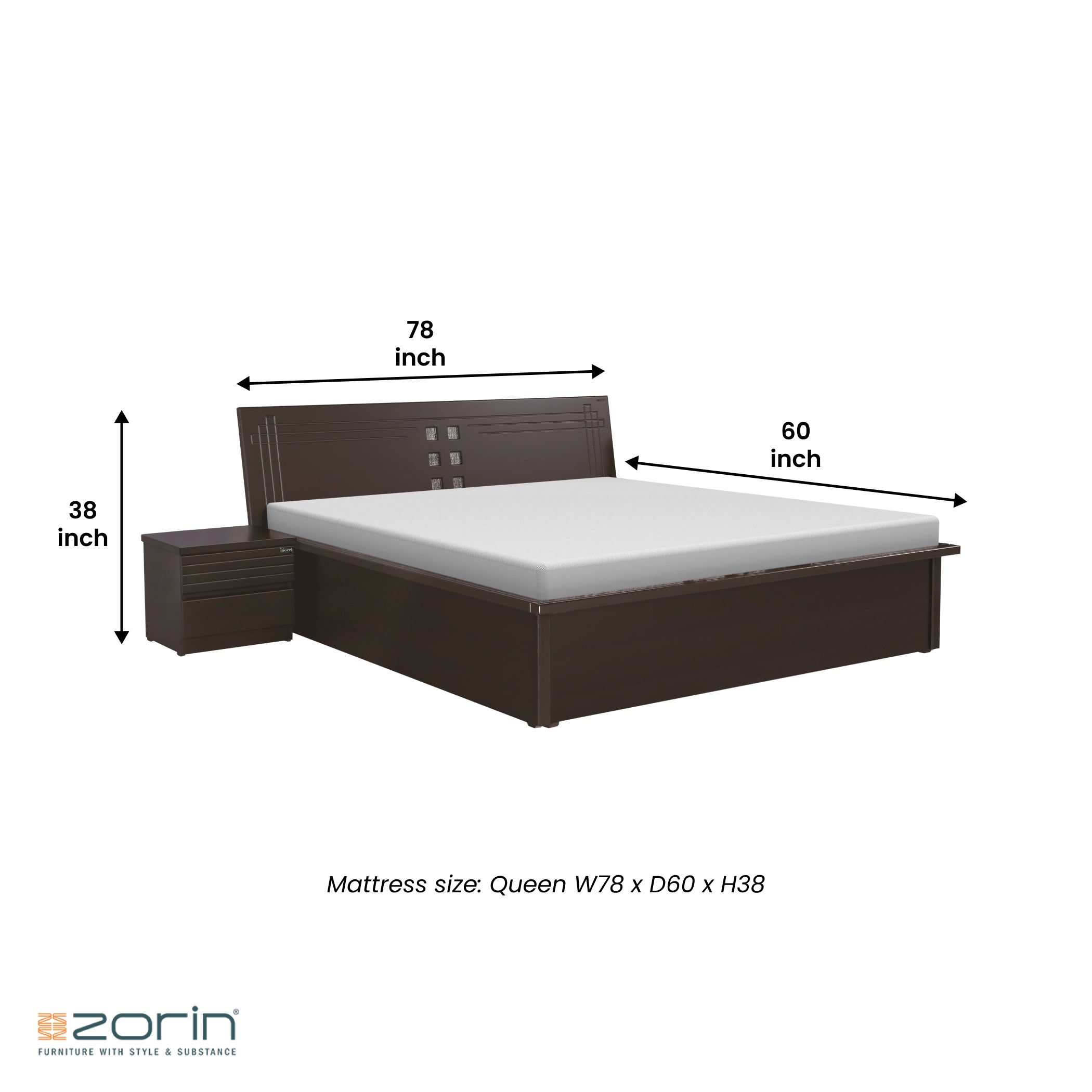 Size of Atlas Queen bed in Walnut Finish Zorin