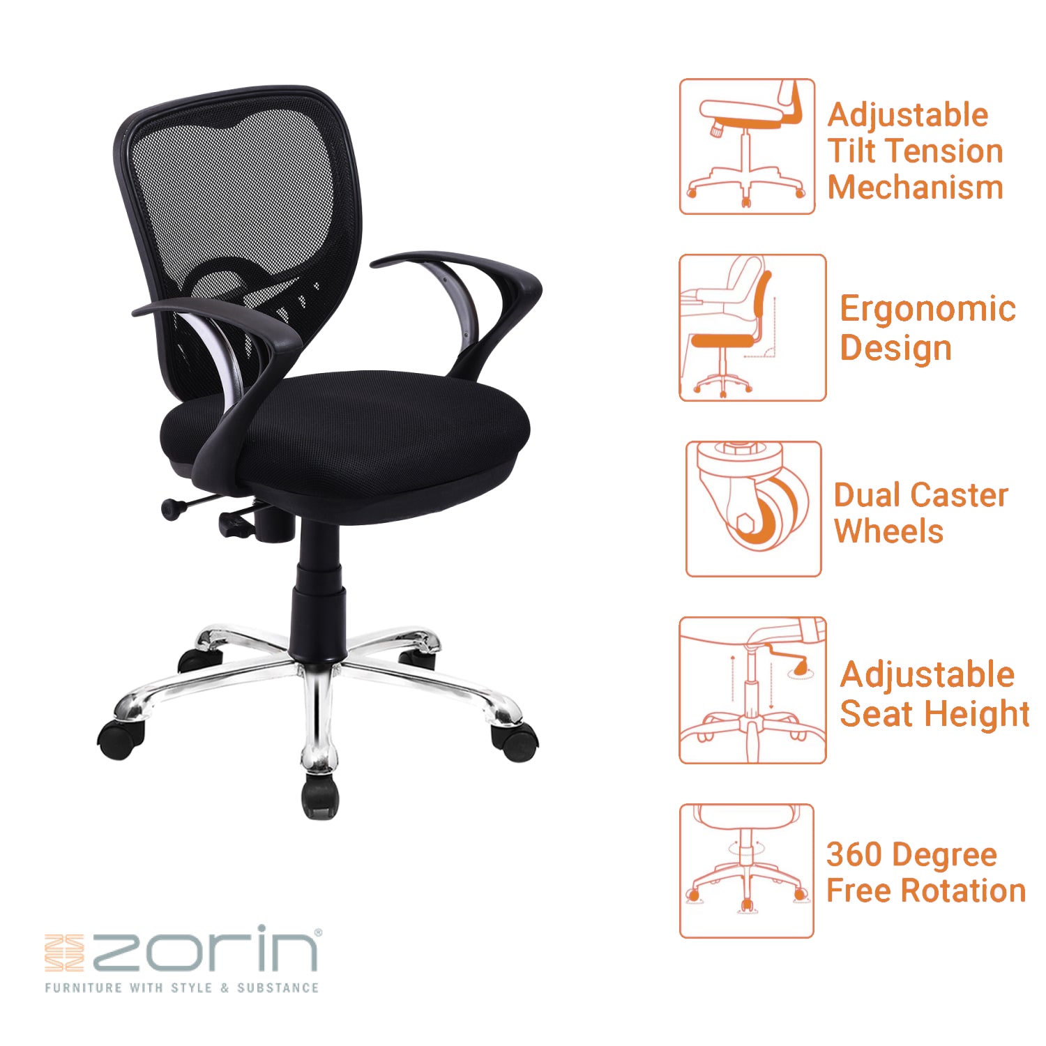 ZSM1046 Medium Back Chair by Zorin in Black Color Zorin
